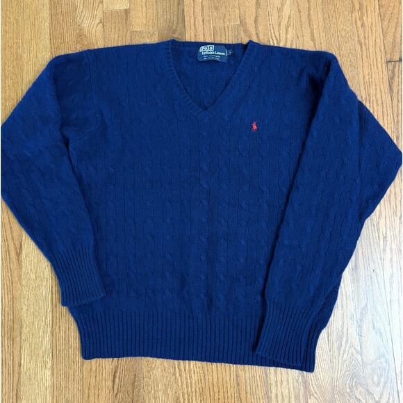 VINTAGE POLO RALPH LAUREN 100% Cashmere CABLE KNIT V-Neck men’s Sweater LARGE - Picture 1 of 7